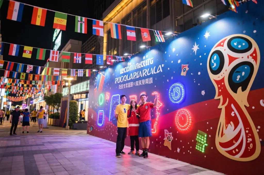 世界杯主题街区装饰，球迷合影打卡，彩旗灯光与互动墙营造浓厚节庆气氛